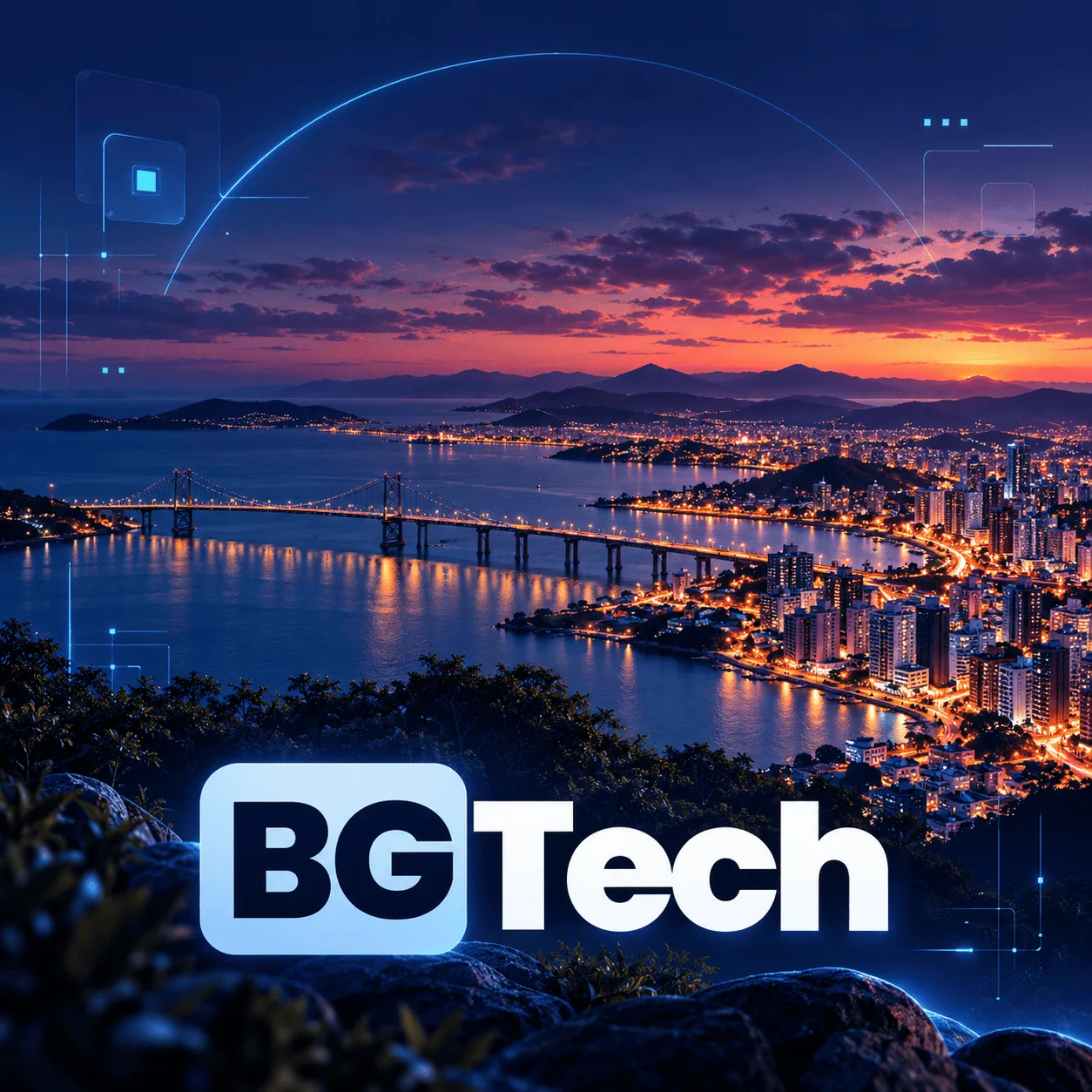 The BGTech logo over Florianópolis at dusk, with the Hercílio Luz bridge lit across the bay