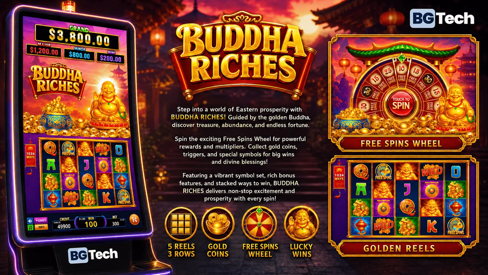 Buddha Riches cabinet showcase: game screen, features and bonus wheel