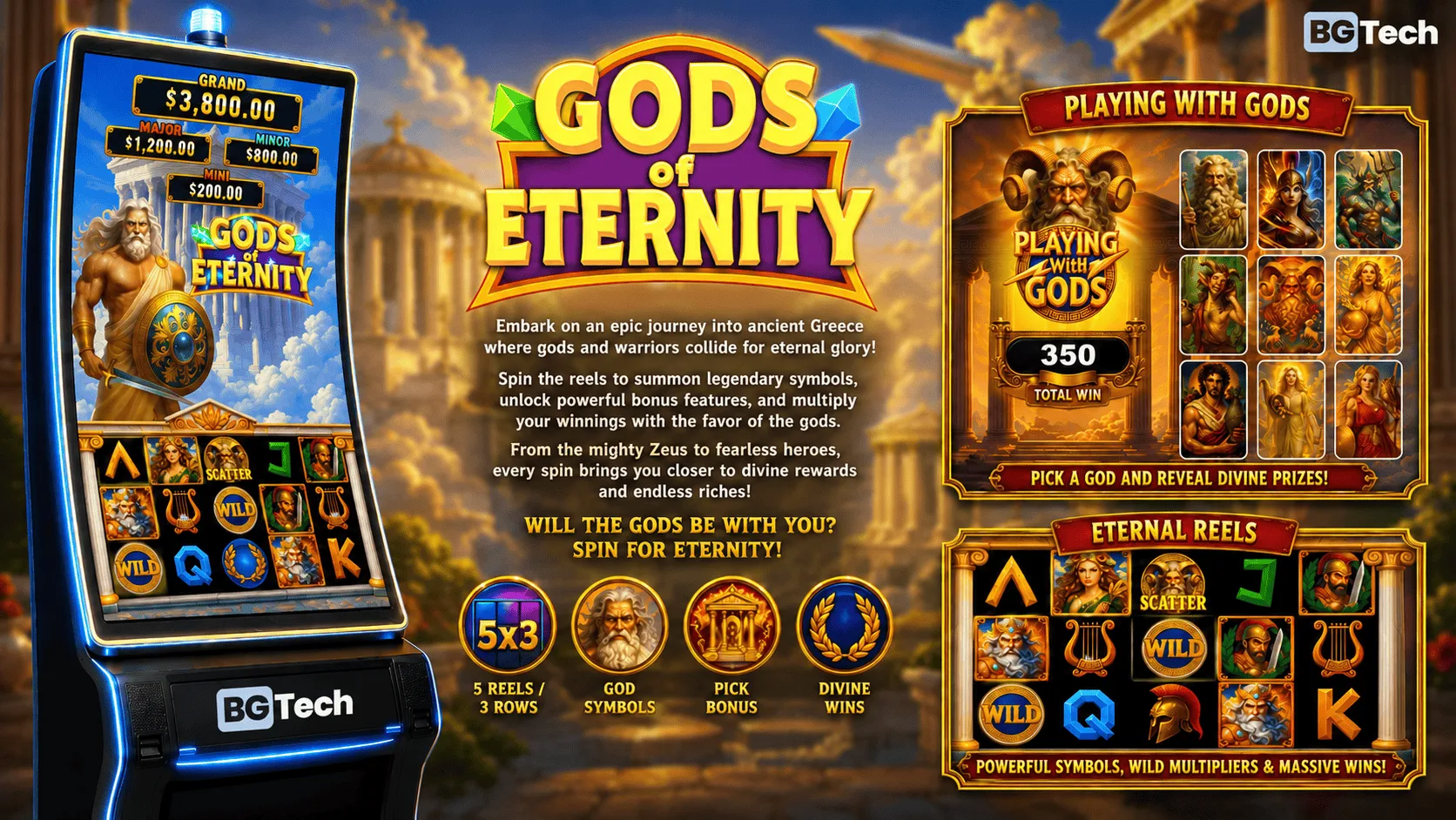 Gods of Eternity cabinet showcase: game screen, features and bonus wheel
