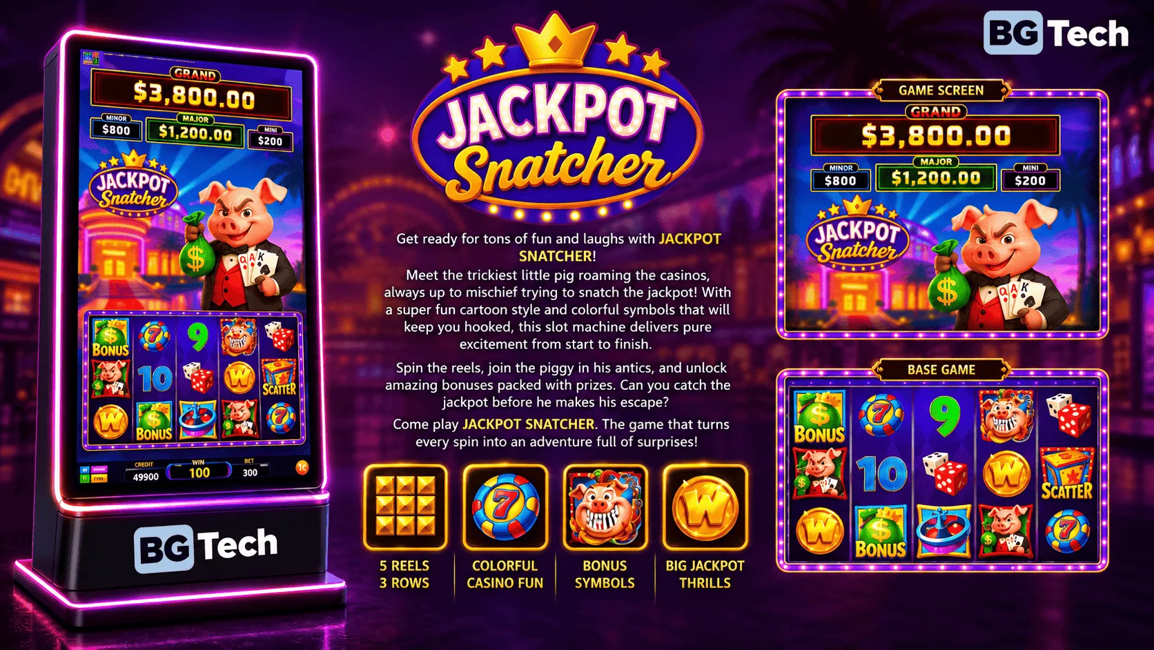 Jackpot Snatcher cabinet showcase: game screen, features and bonus wheel