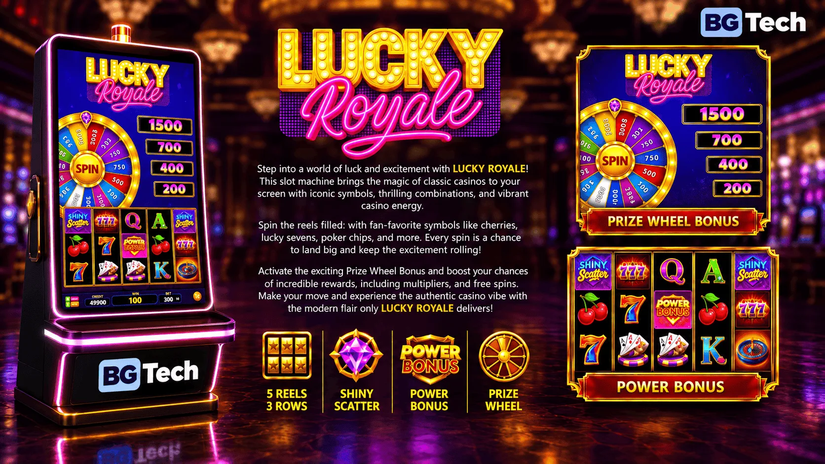 Lucky Royale cabinet showcase: game screen, features and bonus wheel