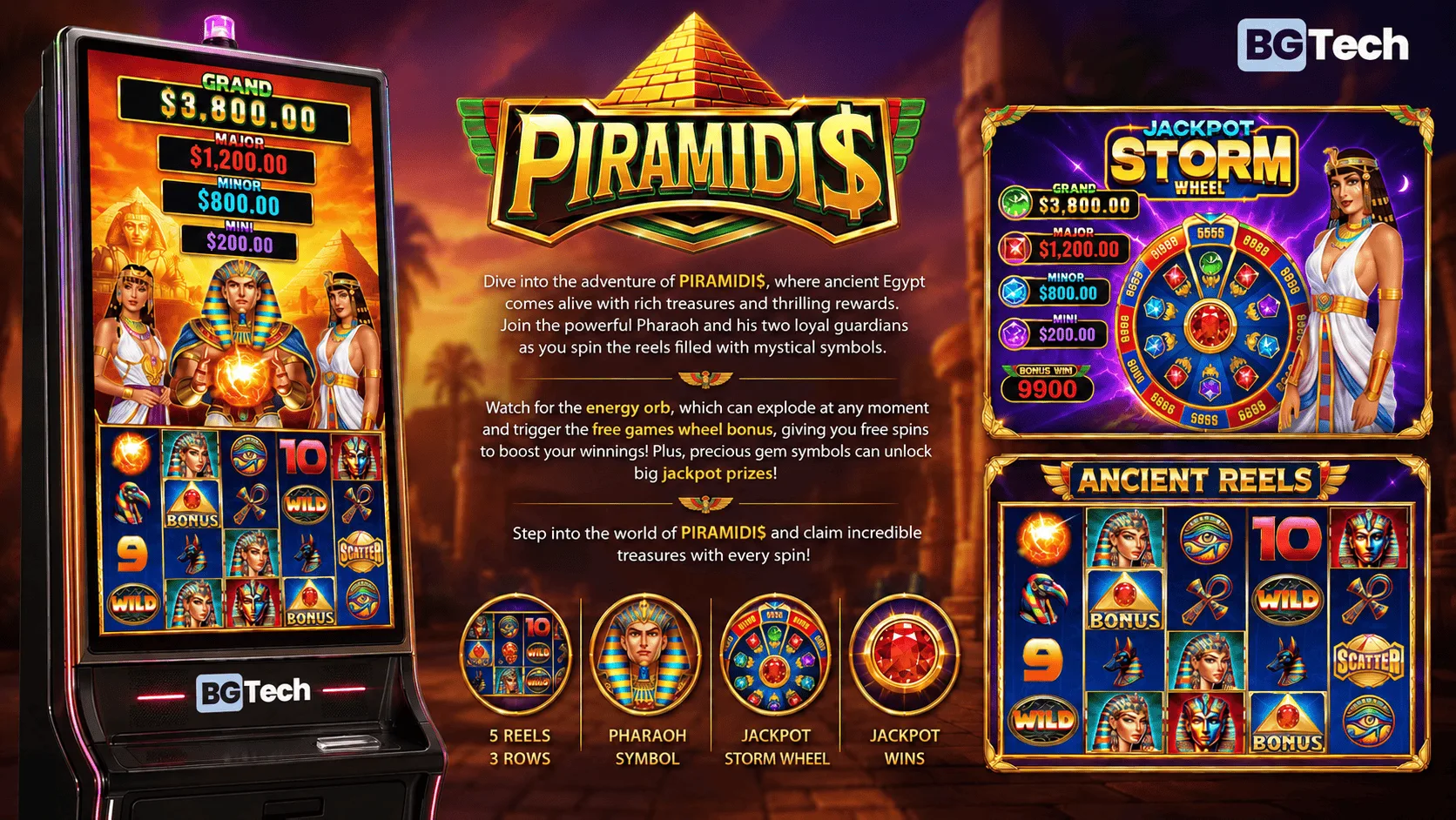 Piramidis cabinet showcase: game screen, features and bonus wheel