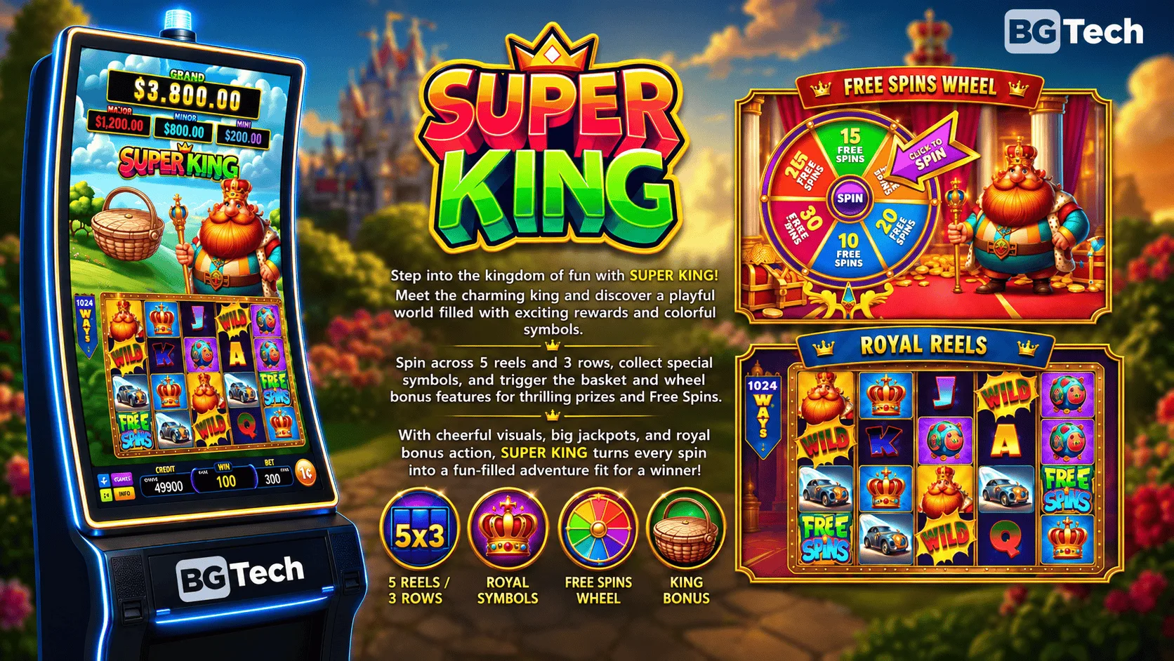 Super King cabinet showcase: game screen, features and bonus wheel